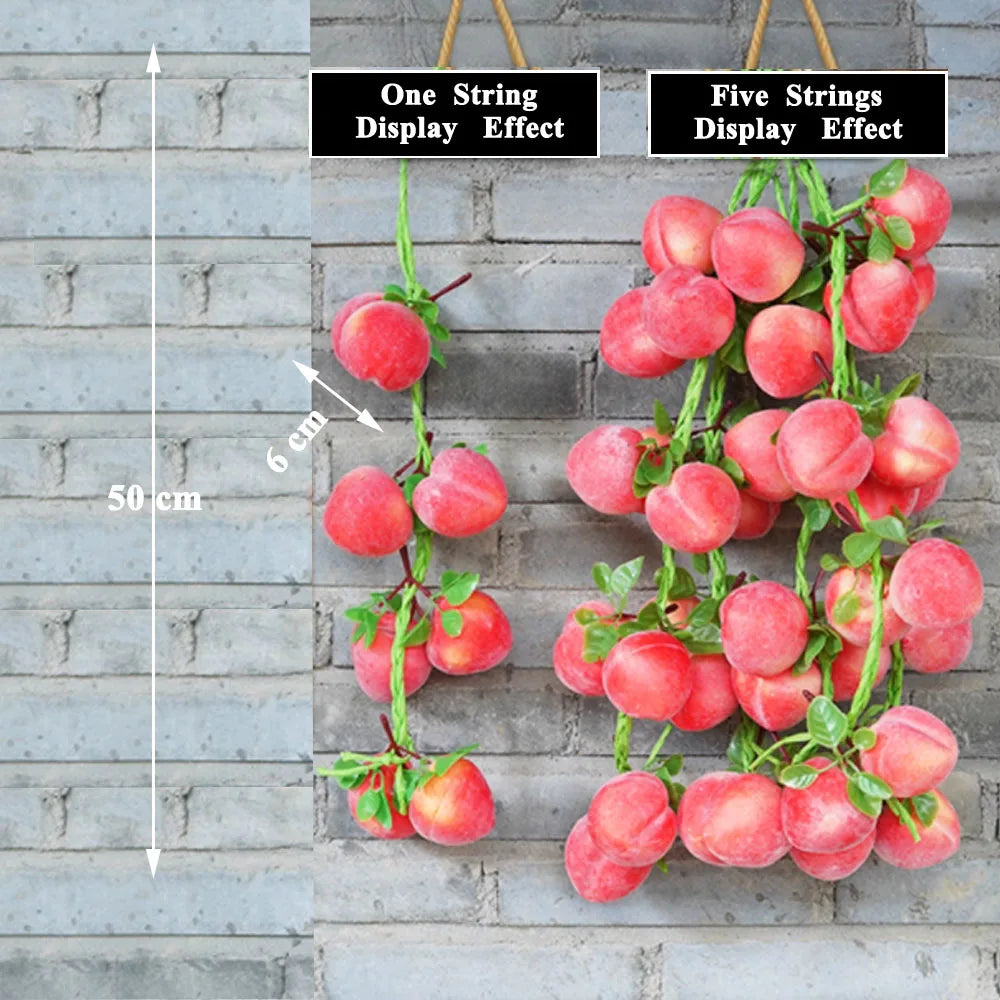 Artificial strings model assorted vegetables and fruits.