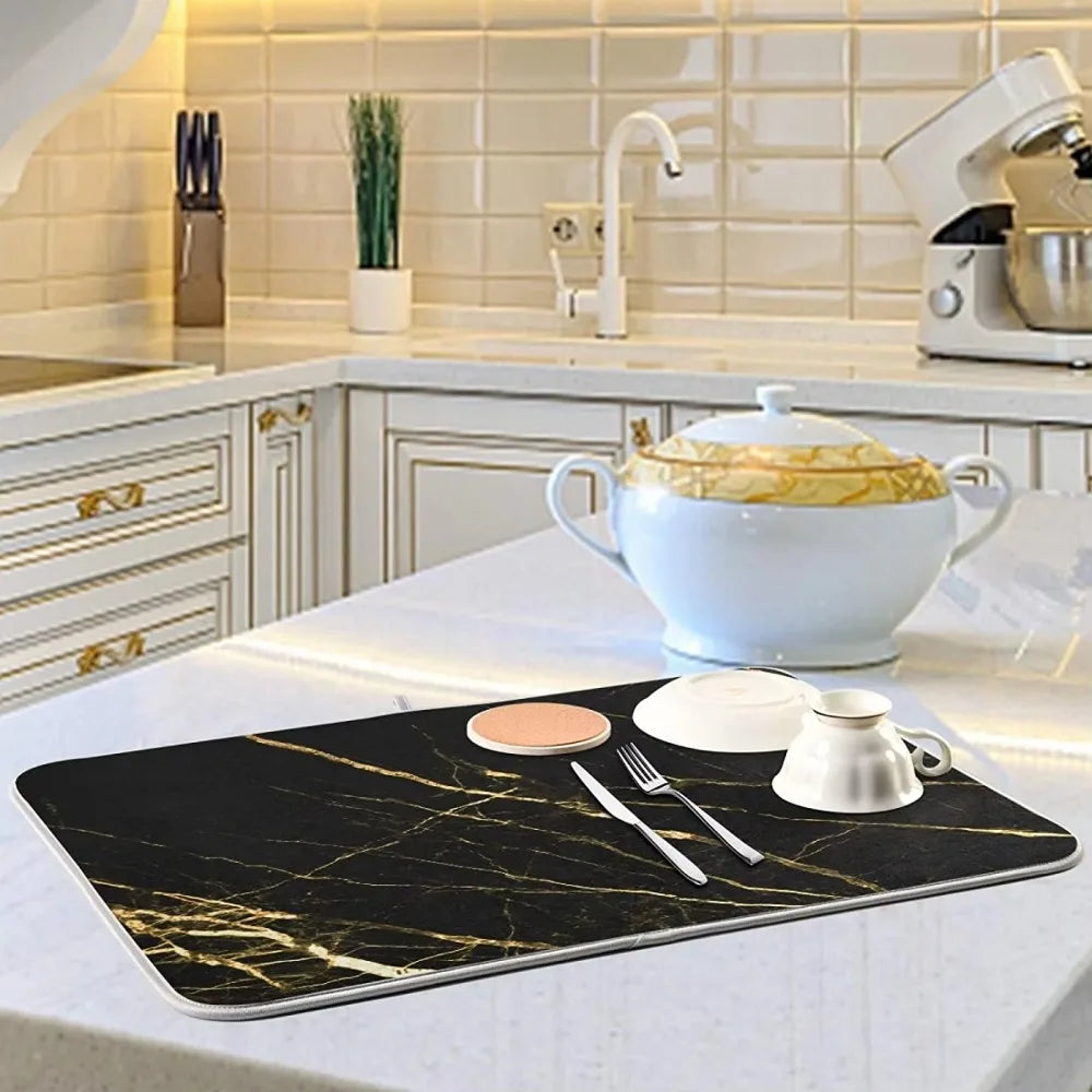 Absorbent Dish Drying Mat for Kitchen Counter with Hanging Loop Black Marble Gold