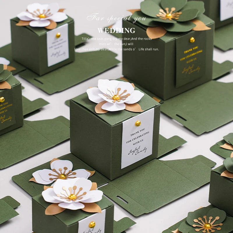 Hochzeits-Süßigkeitenbox, grün, kreativ, Blumenmuster, quadratisch, exquisit, personalisiert.