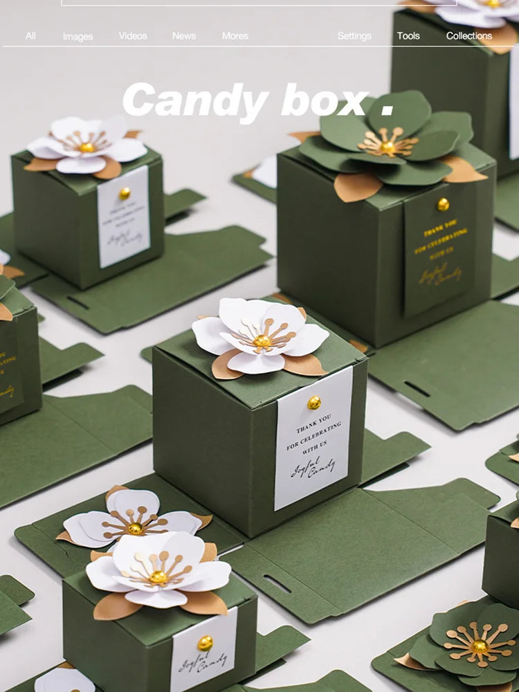 Hochzeits-Süßigkeitenbox, grün, kreativ, Blumenmuster, quadratisch, exquisit, personalisiert.