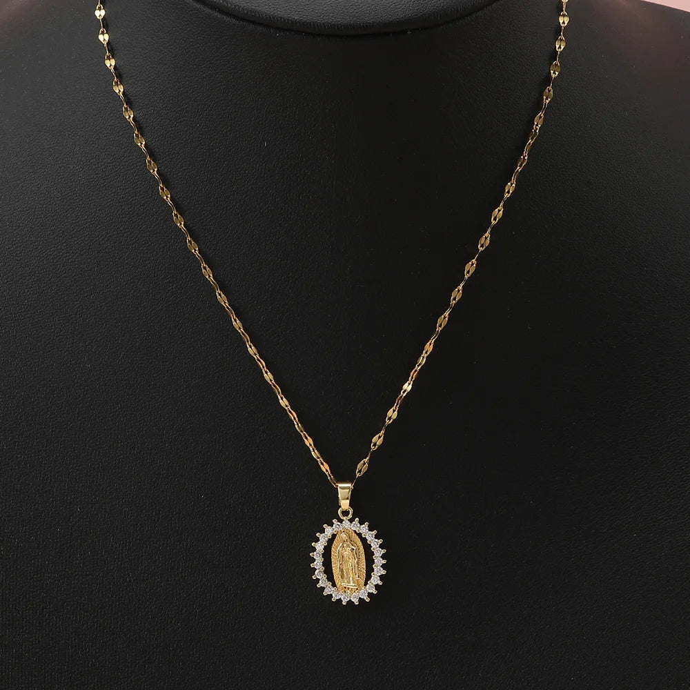 Gorgeous Women's Colorful Zircon Virgin Mary Hollow Necklace