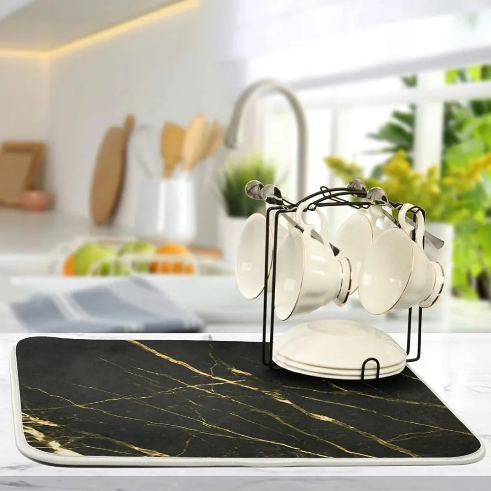 Absorbent Dish Drying Mat for Kitchen Counter with Hanging Loop Black Marble Gold