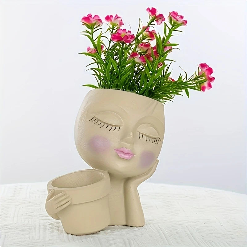 Girl Head Face Flowerpot White Resin Figure Fleshiness Flower Pot with Leakage Hole.