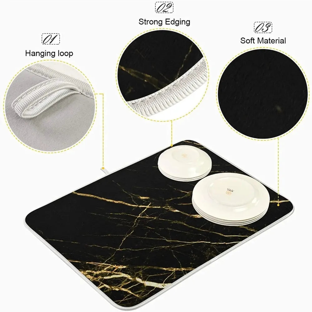 Absorbent Dish Drying Mat for Kitchen Counter with Hanging Loop Black Marble Gold