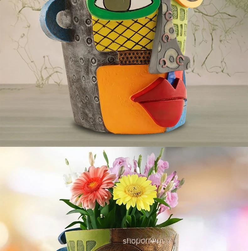 Brutalist abstract beauty face flower pot a colorful art Resin Handmade.
