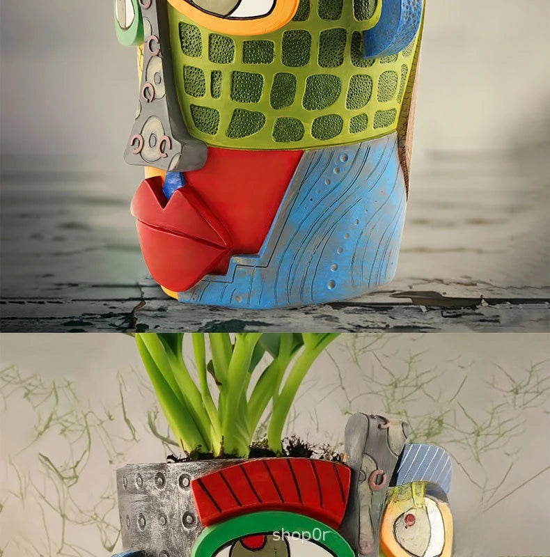 Brutalist abstract beauty face flower pot a colorful art Resin Handmade.