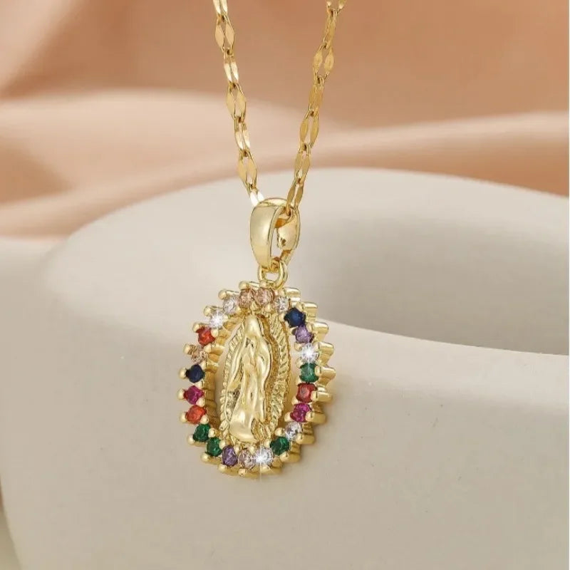 Gorgeous Women's Colorful Zircon Virgin Mary Hollow Necklace