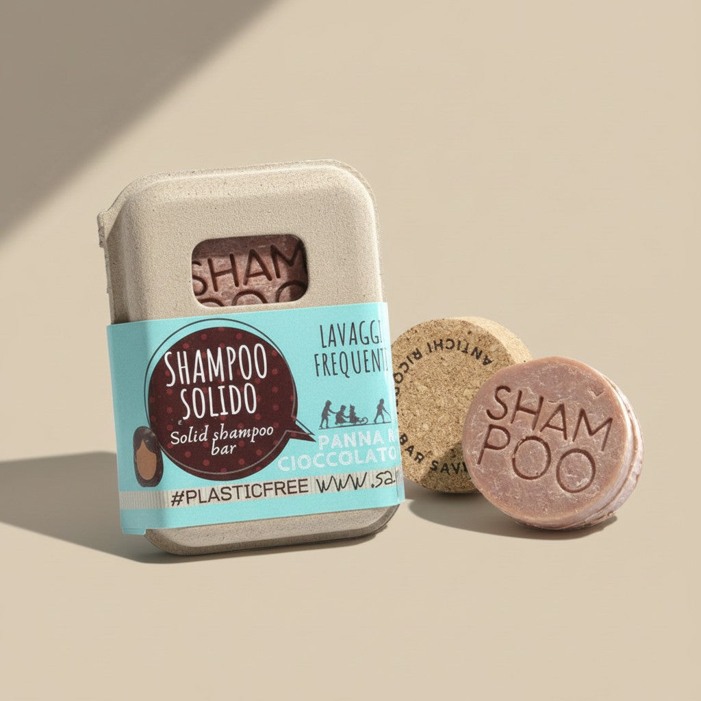 SHAMPOO SOLIDO LAVAGGI FREQUENTI ALLA PANNA E CIOCCOLATO CON BAR SAVER IN SUGHERO